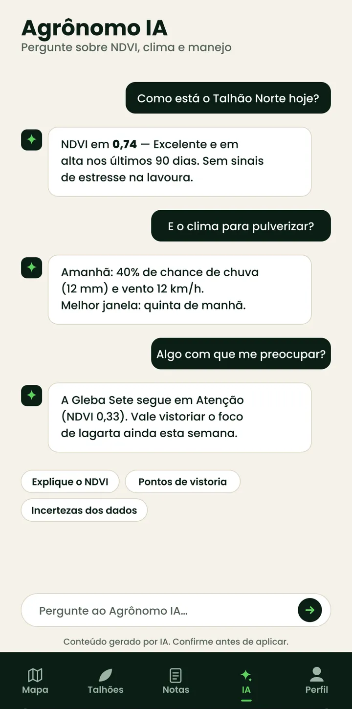 Tela do CampoVivo: conversa com o assistente agronômico por IA sobre o NDVI e o clima do talhão