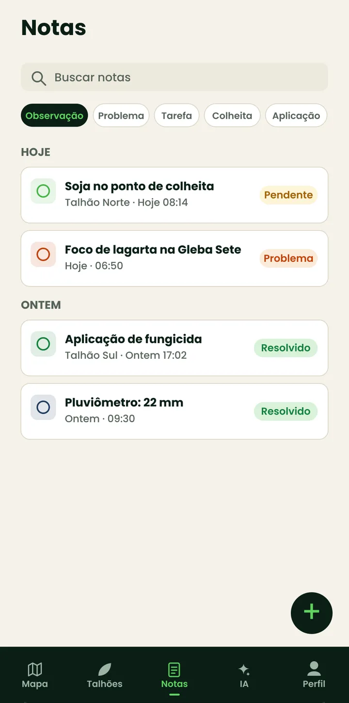 Tela do CampoVivo: caderno de campo com notas por talhão, como observações, problemas e aplicações