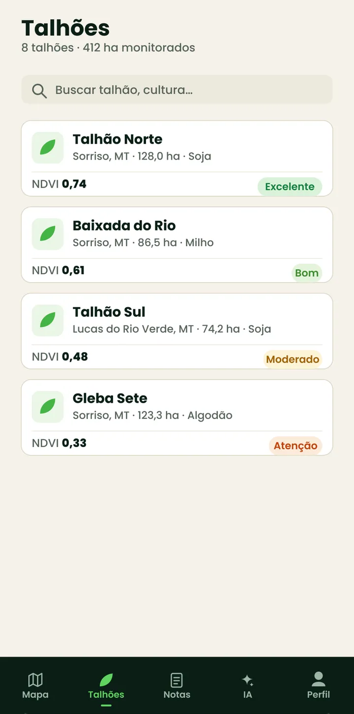 Tela do CampoVivo: lista de talhões com o NDVI de cada um e a classificação Excelente, Bom, Moderado ou Atenção